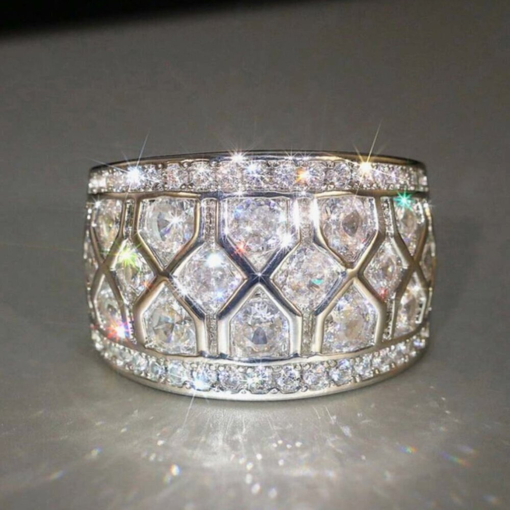 NEW 18k White Gold Pave Diamond Ring Wide Ring Band